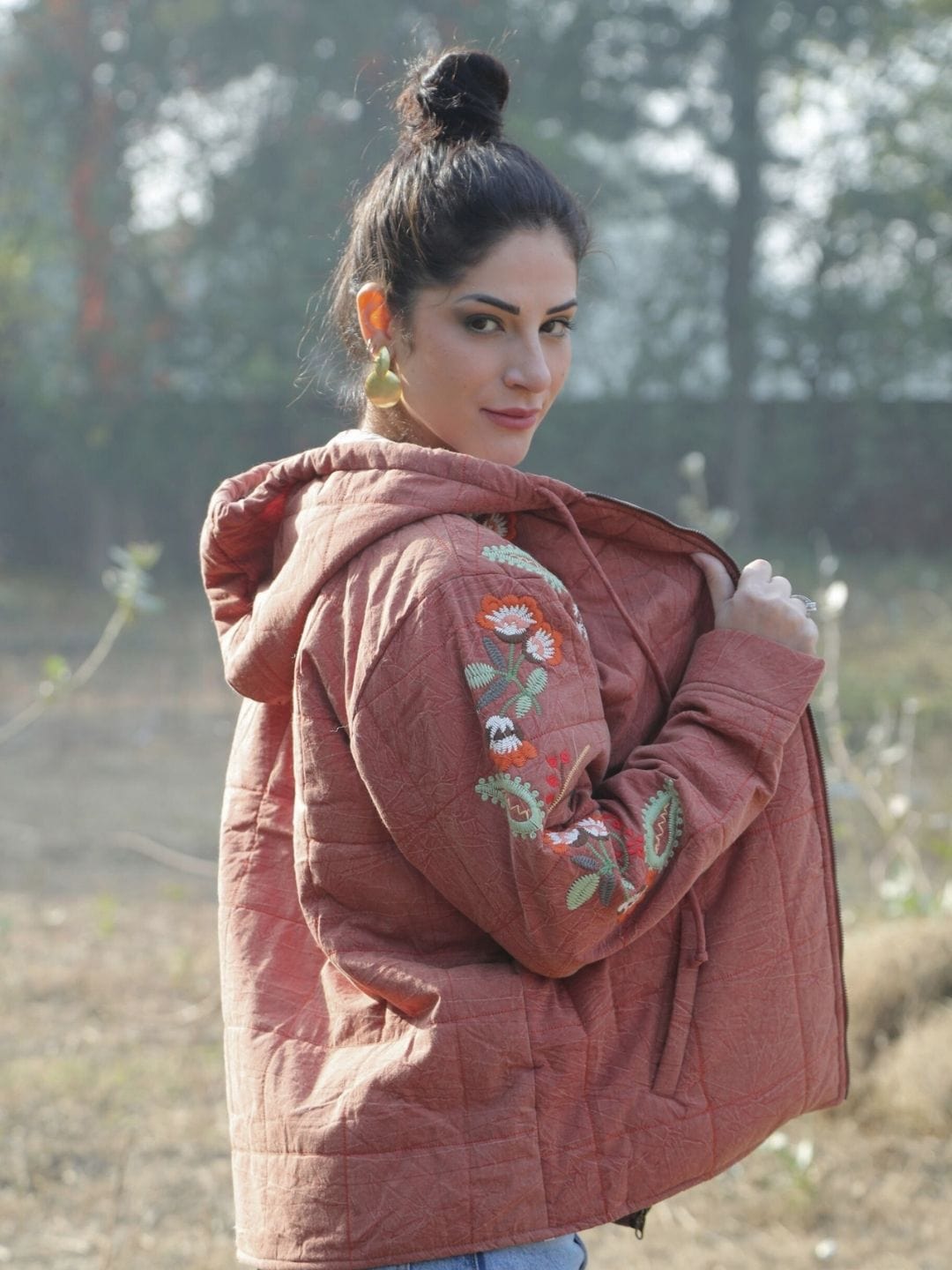 Embroidered Hooded Jacket - Rust