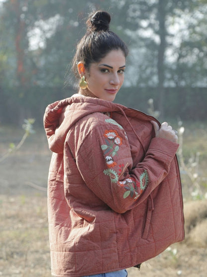 Embroidered Hooded Jacket - Rust