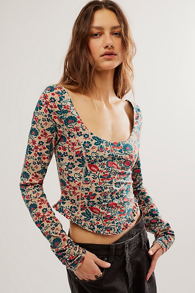 Melanie Floral Long Sleeve Crop Shirt - Sand Combo