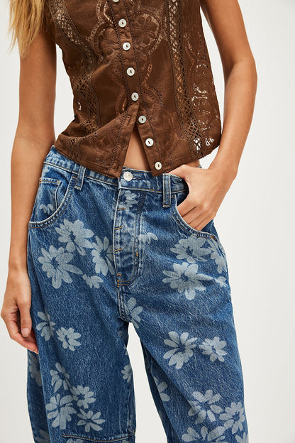 We The Free Good Luck Printed Barrel Jeans- Laser Daisy