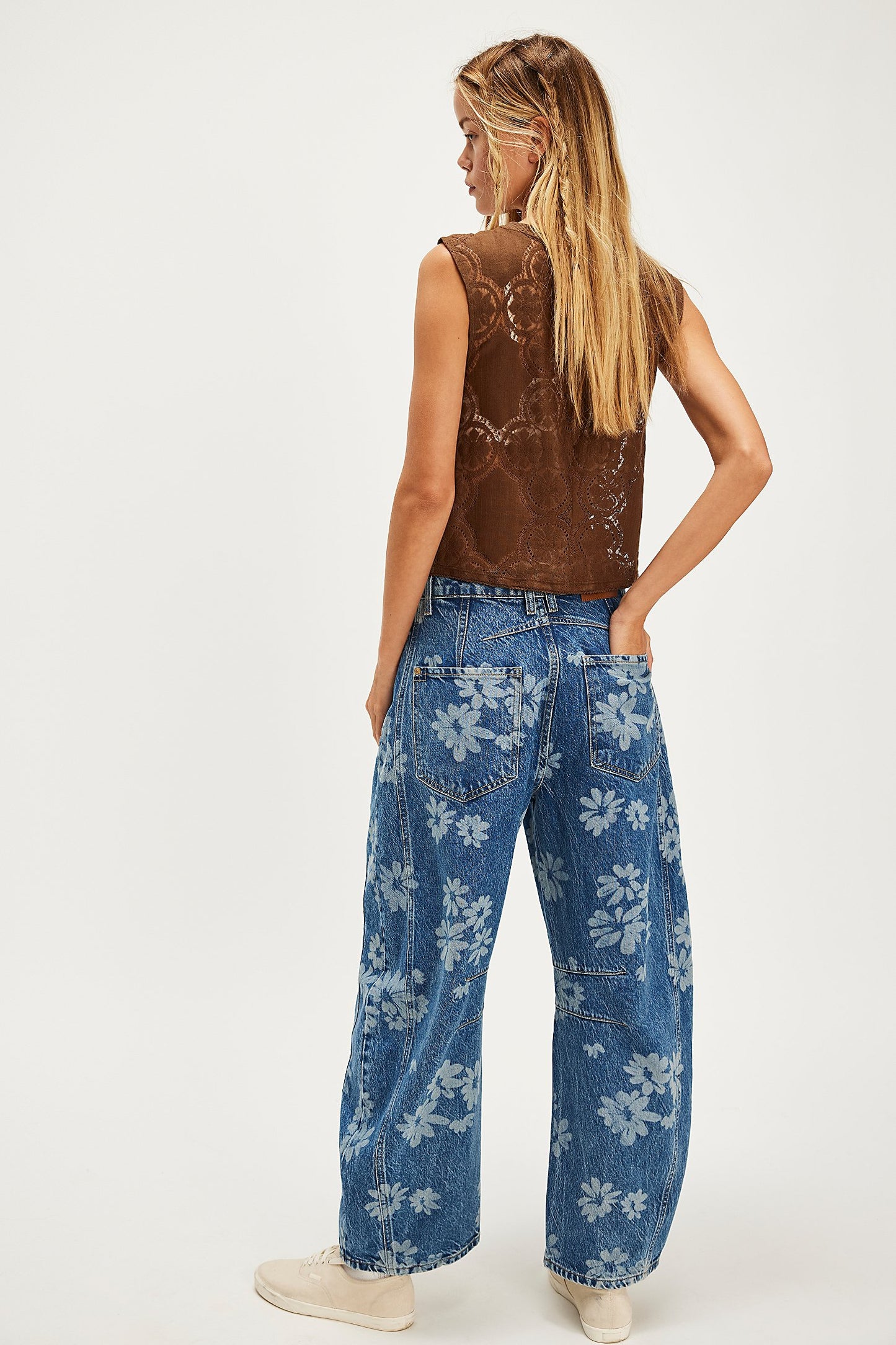 We The Free Good Luck Printed Barrel Jeans- Laser Daisy