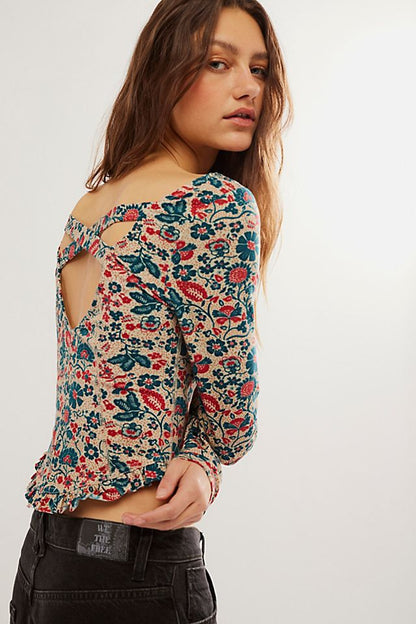 Melanie Floral Long Sleeve Crop Shirt - Sand Combo