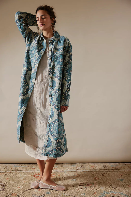 Brick Lane Jacquard Maxi Shirt Jacket - Blue Combo