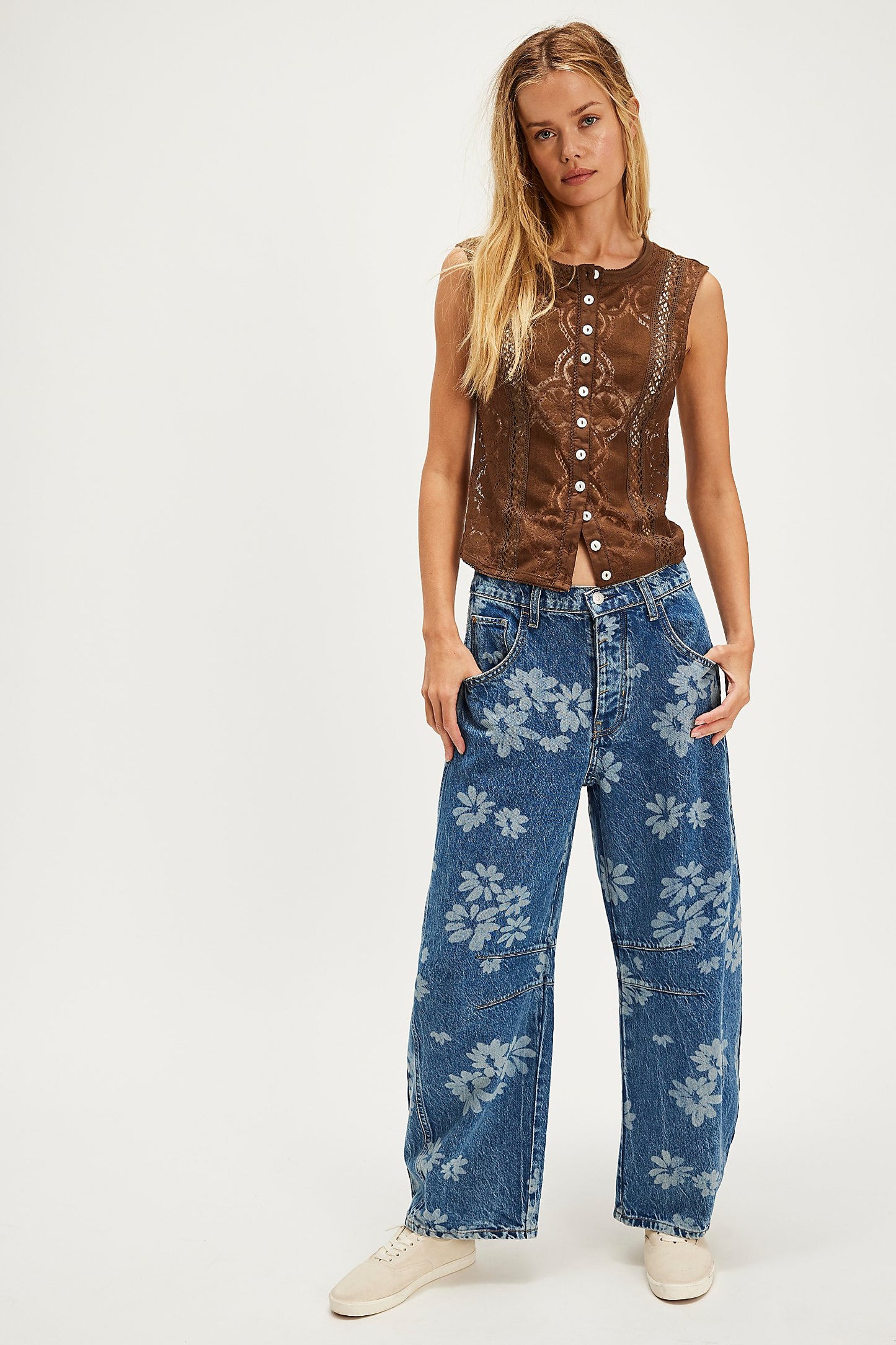 We The Free Good Luck Printed Barrel Jeans- Laser Daisy