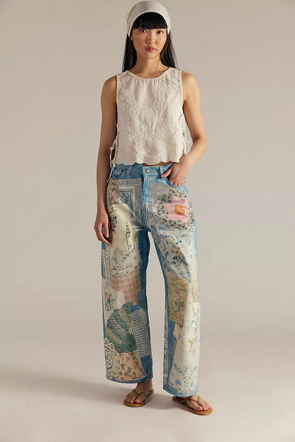 We The Free Barrel Illusions Printed Relaxed Jeans - Sky Combo