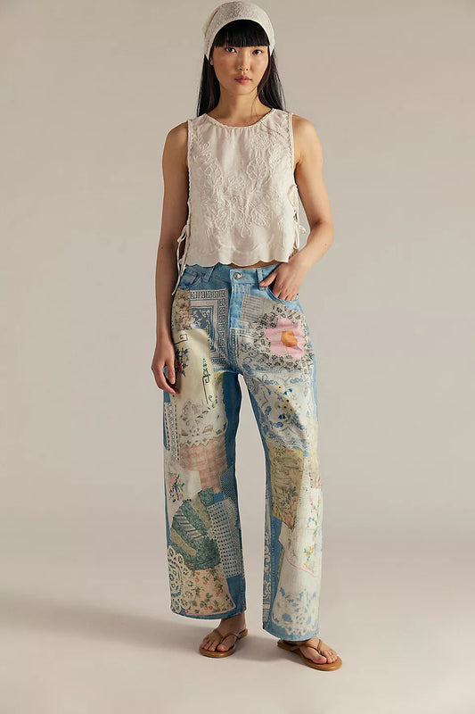 We The Free Barrel Illusions Printed Relaxed Jeans - Sky Combo