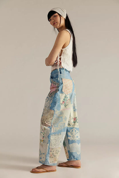 We The Free Barrel Illusions Printed Relaxed Jeans - Sky Combo