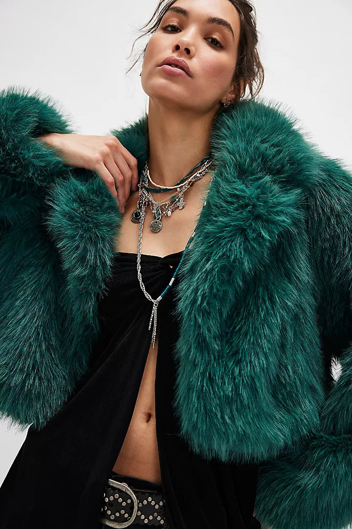 Paris Cropped Faux Fur Jacket Emerald La De Da