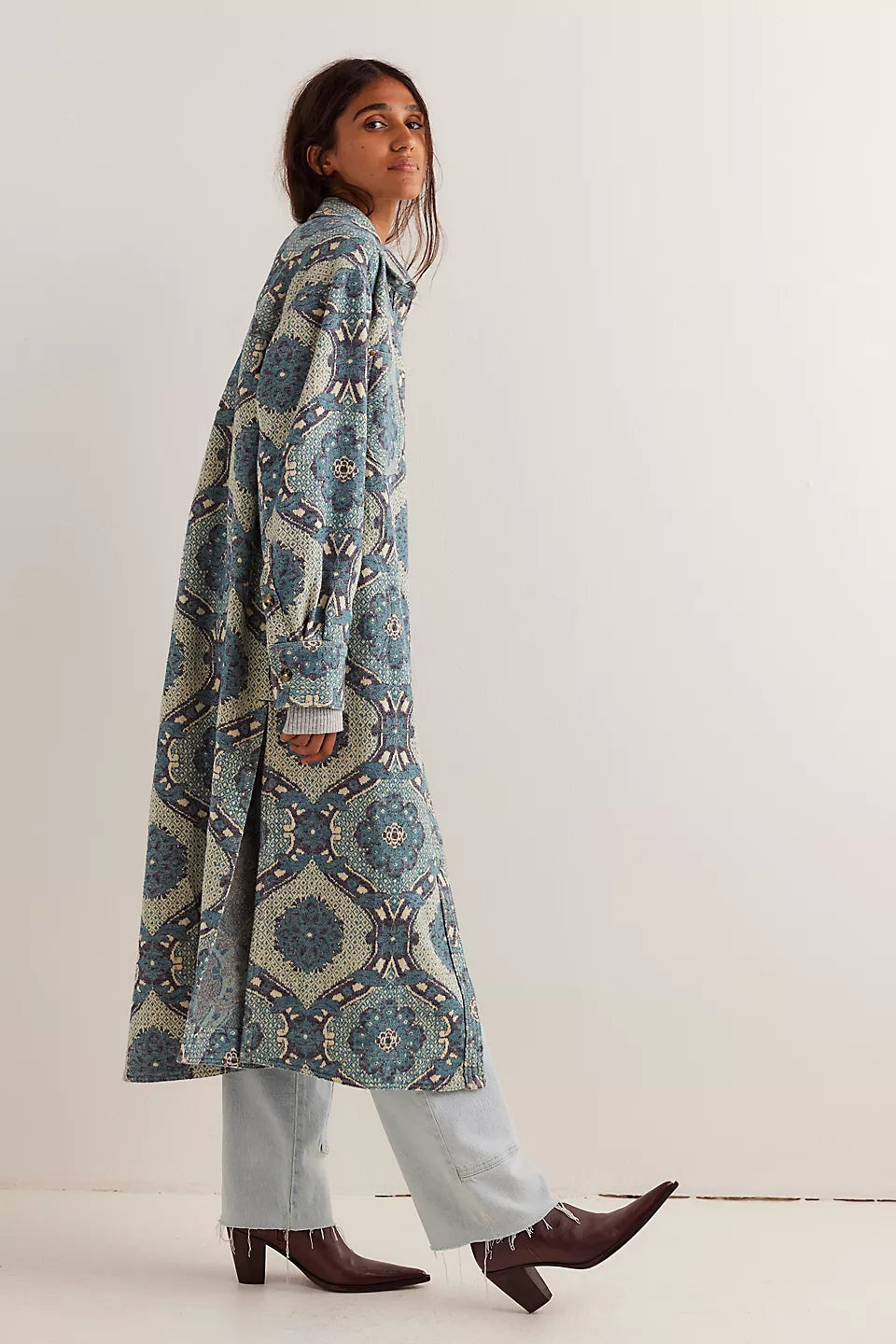 Brick Lane Jacquard Maxi Shirt Jacket - Blue Combo