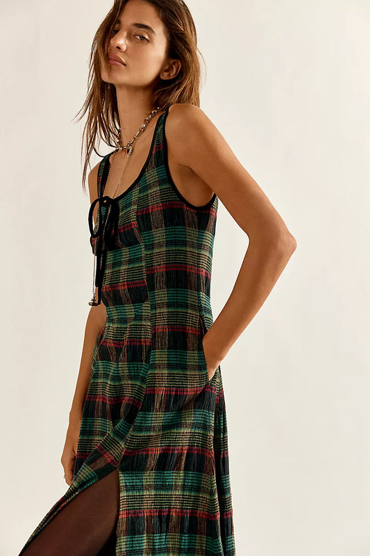 Freya Plaid Midi Dress - Kelly Green