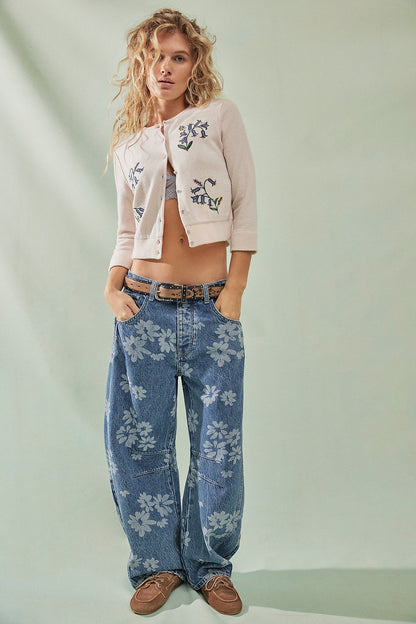 We The Free Good Luck Printed Barrel Jeans- Laser Daisy