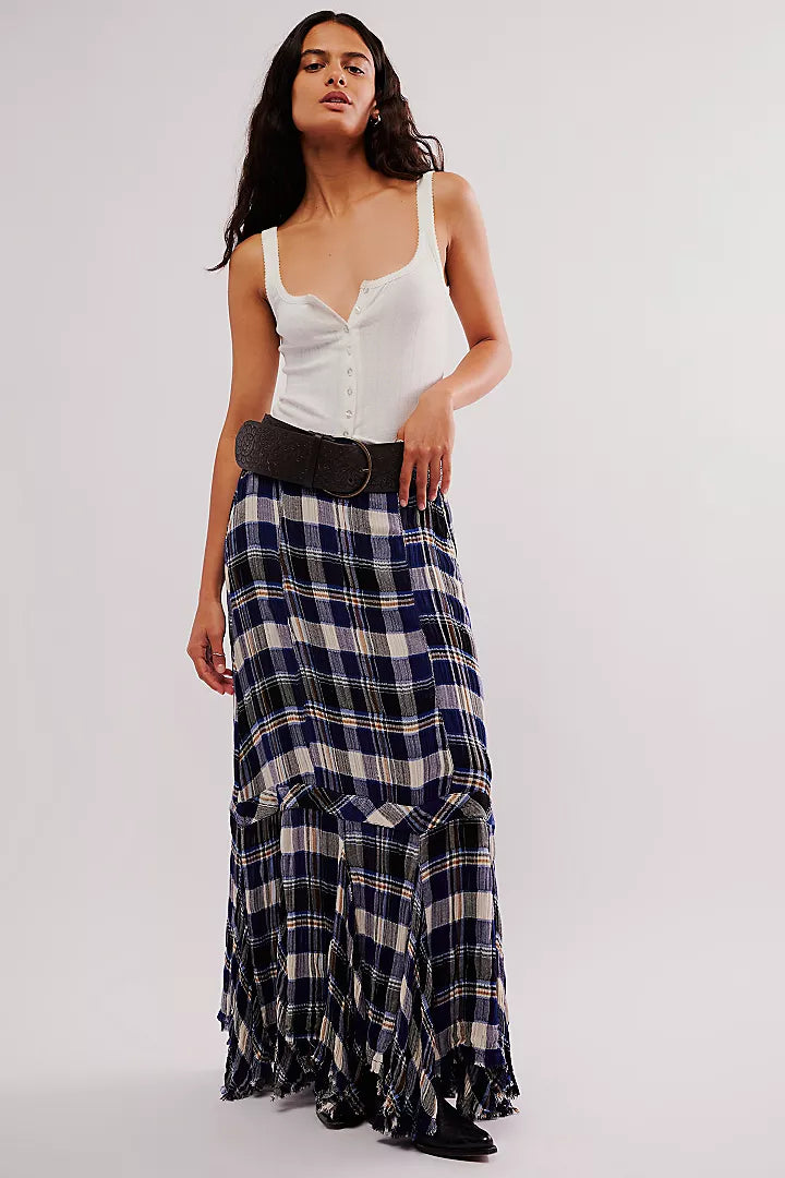 Bordeaux Plaid Maxi Skirt - Navy Combo Siren