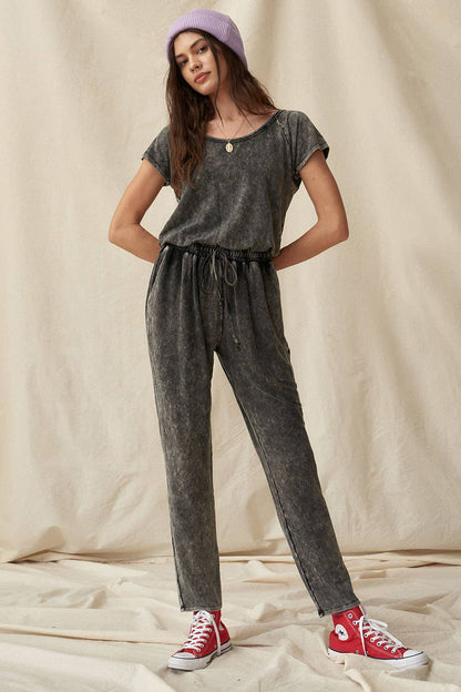 Washed Open-Back Short-Sleeve Jogger Jumpsuit - La De Da