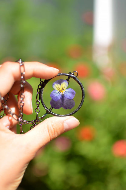 Viola Pansy Hearts Necklace, Pressed flower glass terrarium - La De Da