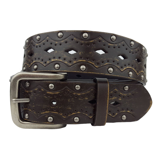 Vintage Hand Distressed Tooled and Studded Belt - Dark Brown