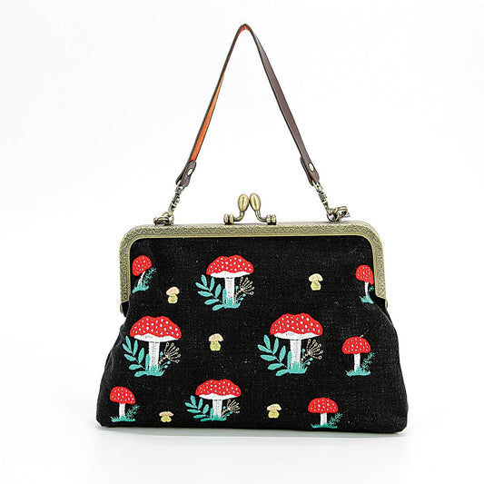 Mushrooms Kisslock Frame Bag in Cotton - La De Da