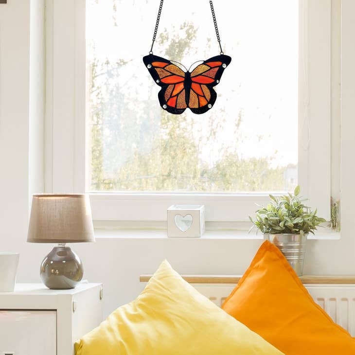 Orange Butterfly Stained Glass Window Panel - La De Da