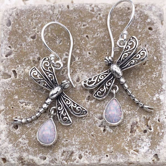 Sterling Silver & White Opal Bali Style Dragonfly Earrings
