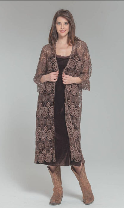 3706-MAD Crochet Lace Duster Kimono with Scallop Trim - La De Da