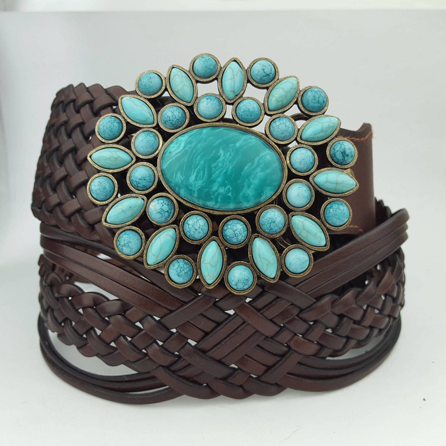 Hand Braided Leather Belt with Turquoise Style Buckle - La De Da