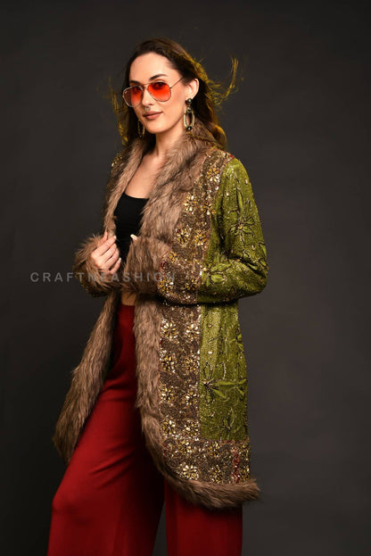 Handmade Vintage Embroidered Fur Jacket Coat - Green