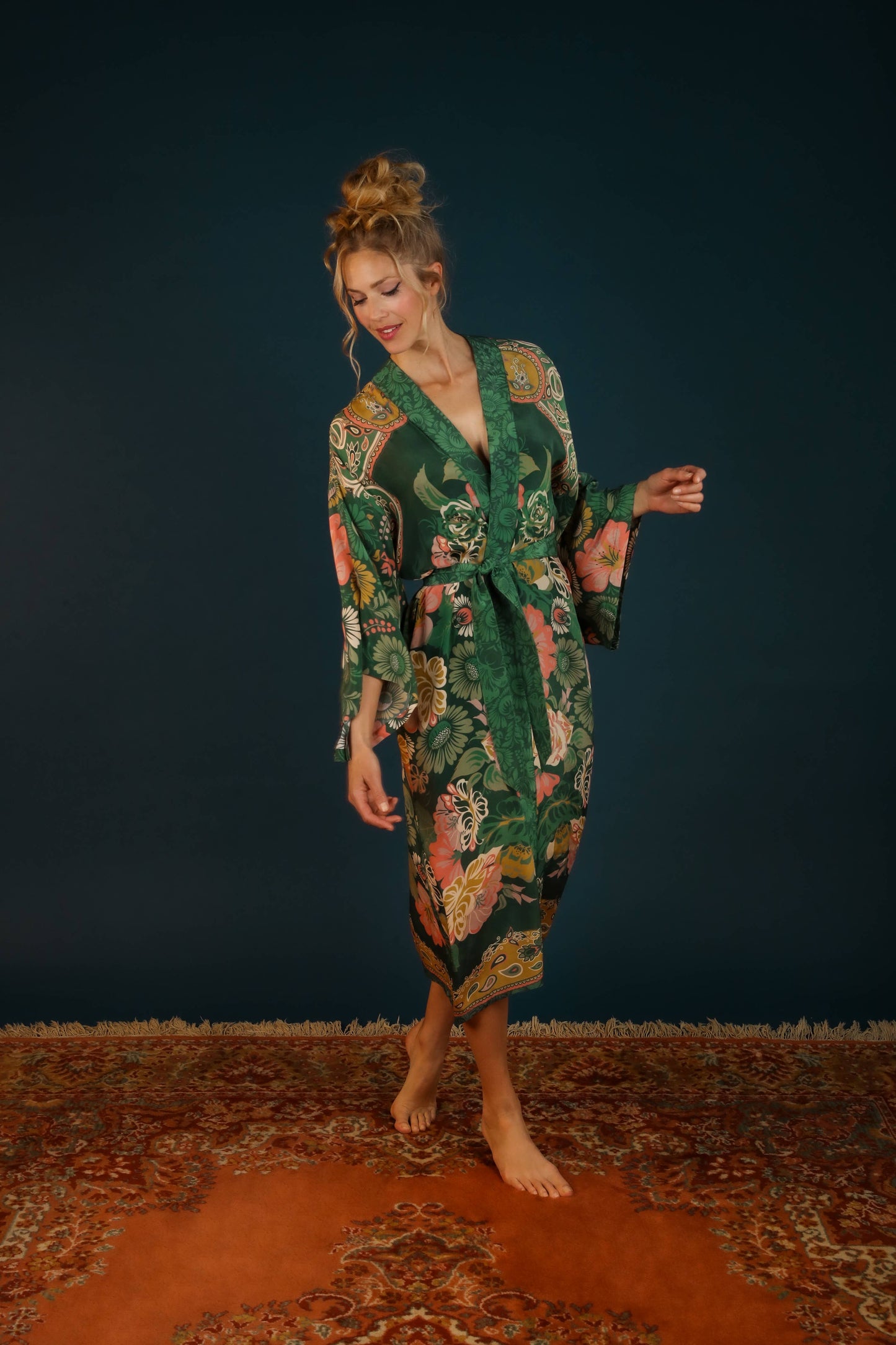 Luxe Folk Art Floral Kimono Gown - Fern - La De Da