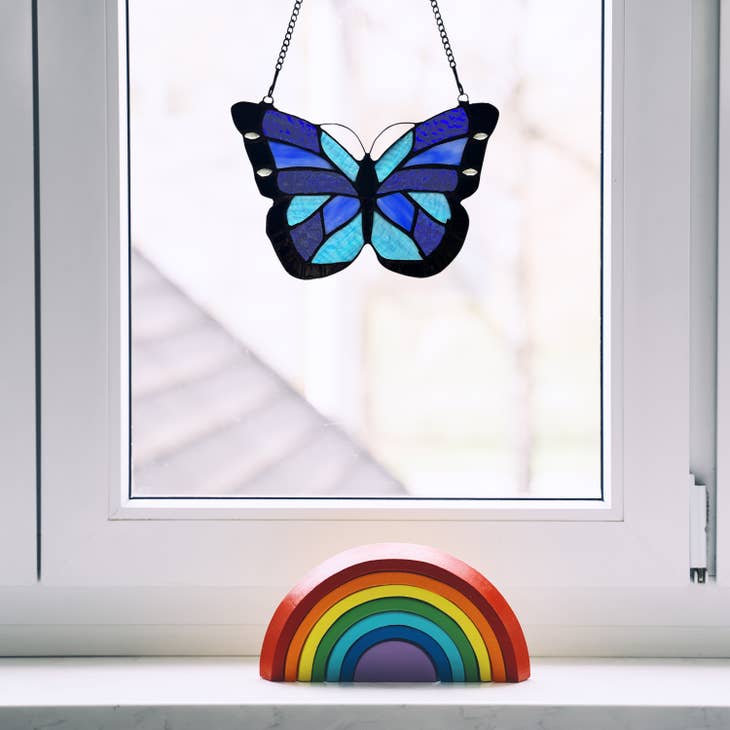 Cobalt Butterfly Stained Glass Window Panel - La De Da