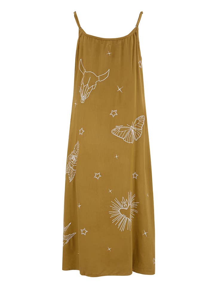 Embroidered, Khaki Slip Dress - La De Da