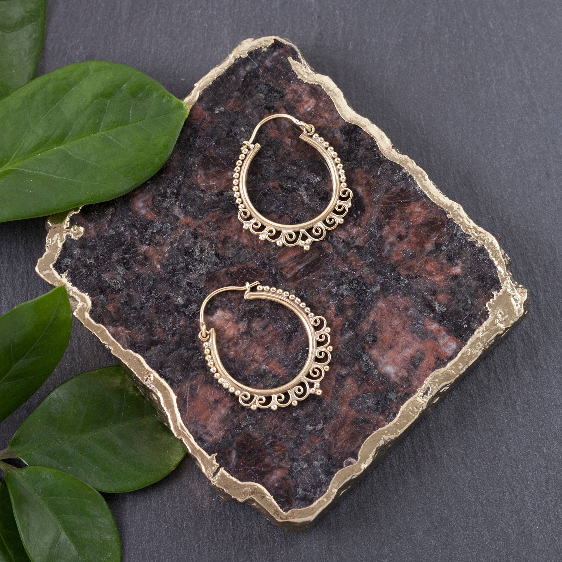 Small Brass Decorated Hoop Earrings - La De Da