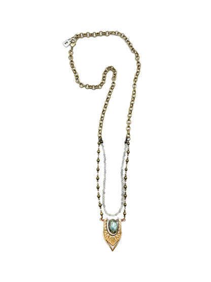 Shield pendant with floating labradorite gemstone