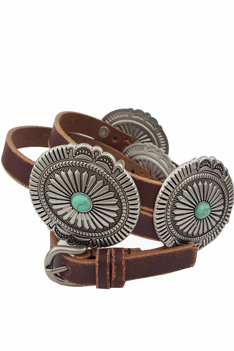 Western Distressed Leather Stone Concho Belt - Brown
