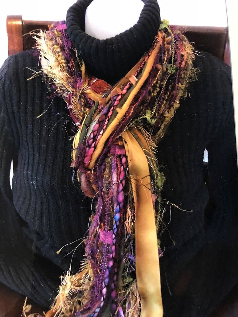 Gold/Purple Textured Yarn & Hand Dye Beaded Scarf - La De Da