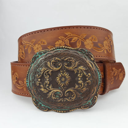 Western Brass/Patina Buckle Vintage Tooled Floral Belt - Tan