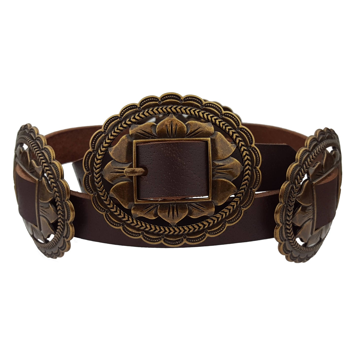 Genuine Leather w. Western Oval Floral Concho Belt - Brown
