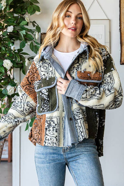 Bandana Print Mixed Sherpa Jacket - Cream Combo