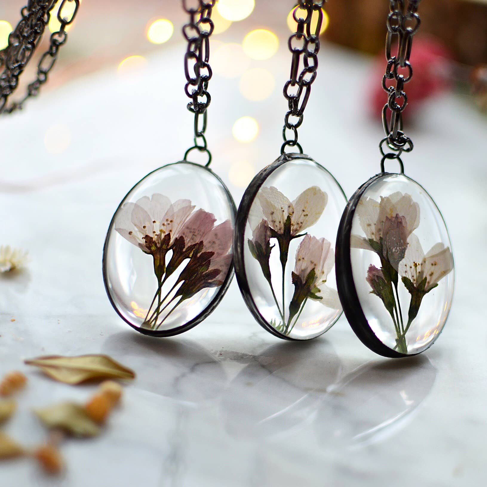 Pressed real cherry blossom flower pendant - glass - La De Da