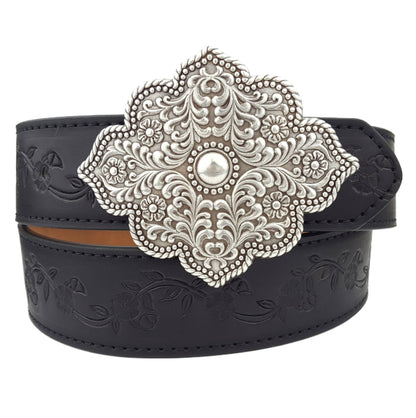Western Silver Floral Belt - Black