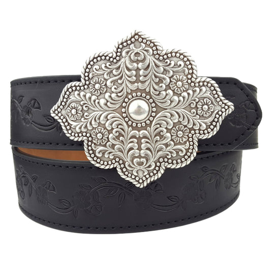 Western Silver Floral Belt - Black