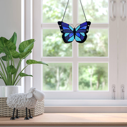 Cobalt Butterfly Stained Glass Window Panel - La De Da