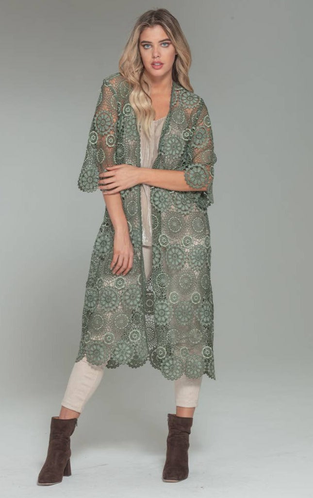 3706-MAD Crochet Lace Duster Kimono with Scallop Trim - La De Da