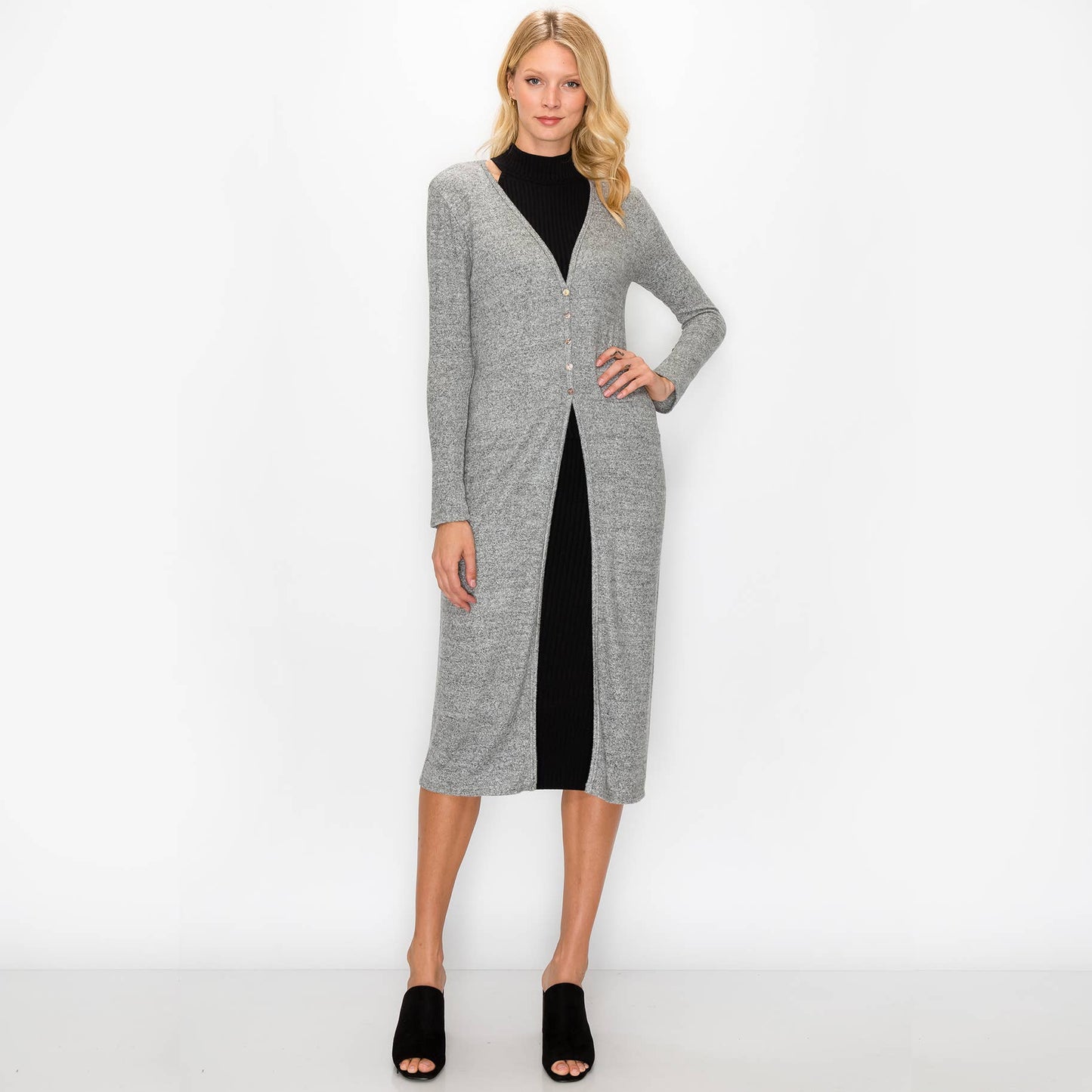 Cozy Knit Button Sleeve Pocket Duster - Heather Grey