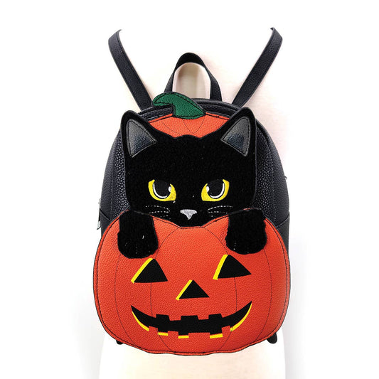 Furry Black Cat in Pumpkin Mini Backpack - La De Da