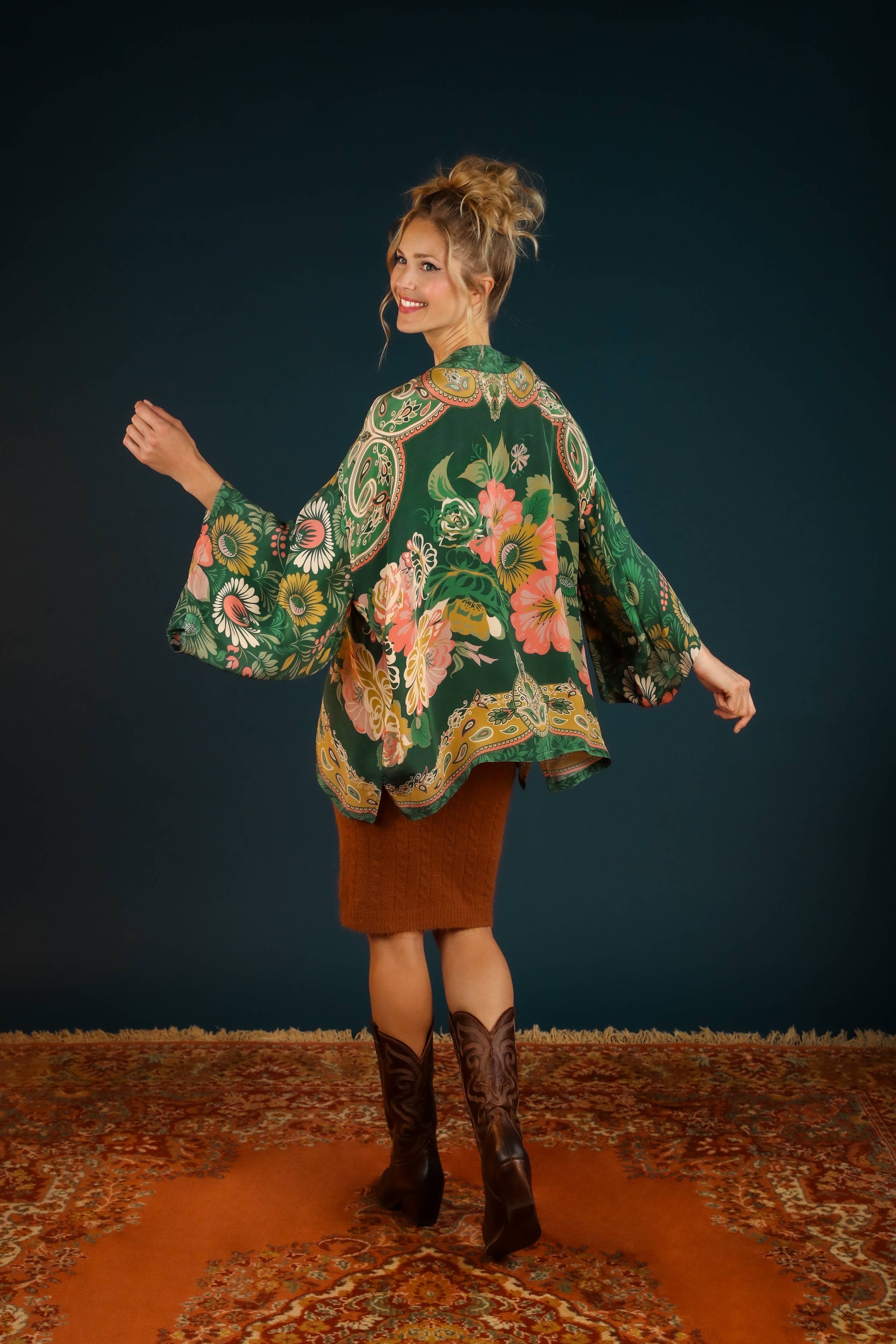 Luxe Folk Art Floral Kimono Jacket - Fern - La De Da
