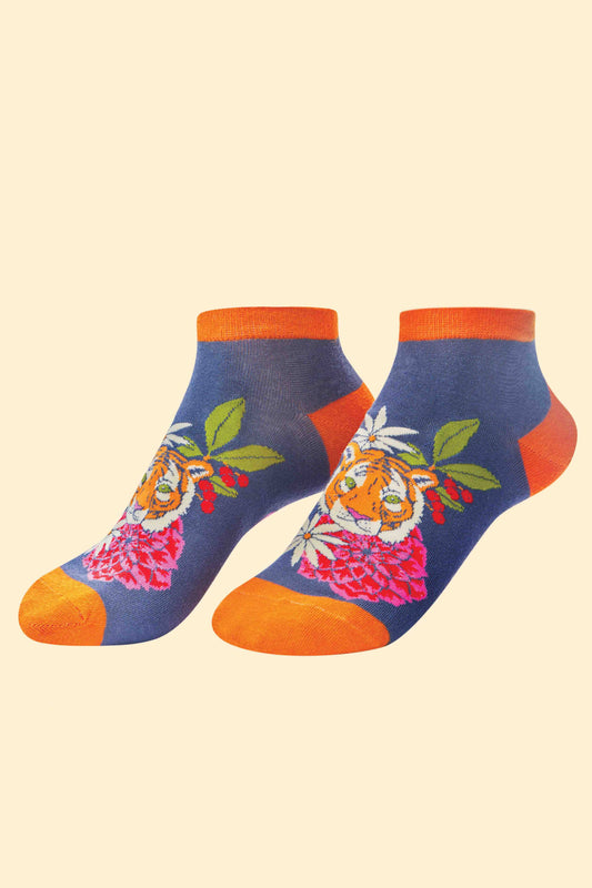 Floral Tiger Trainer Socks - Indigo - La De Da