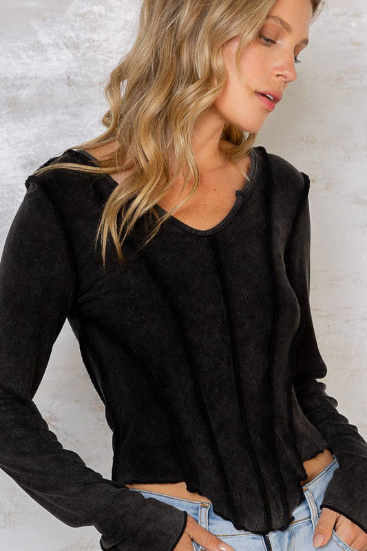 Notched neck overlock detail long sleeve cropped top - La De Da