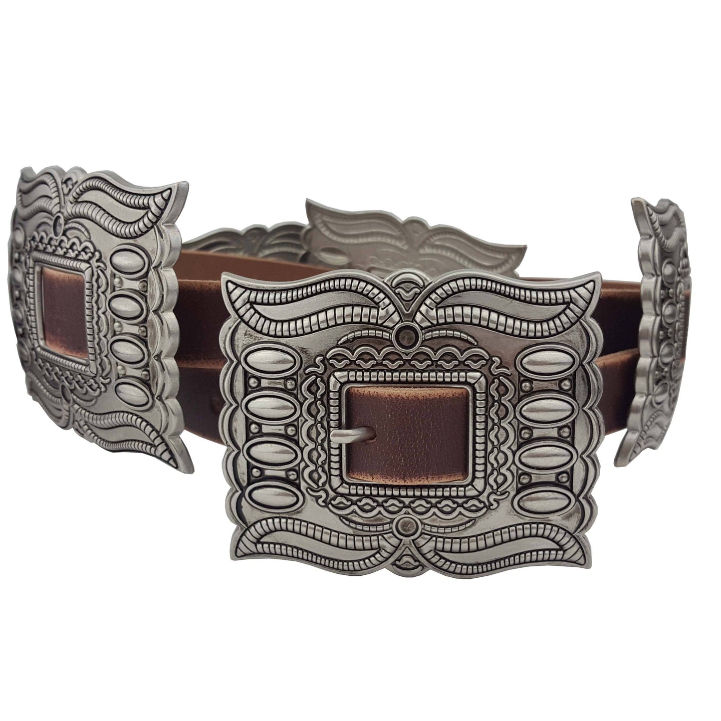 Western Silver Rectangular Concho Leather Belt - Brown