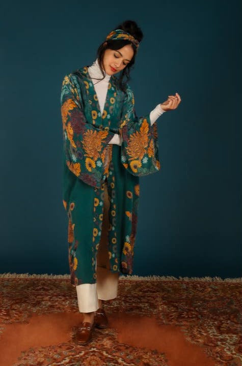 Luxe Trailing Wisteria Kimono Gown - Teal - La De Da