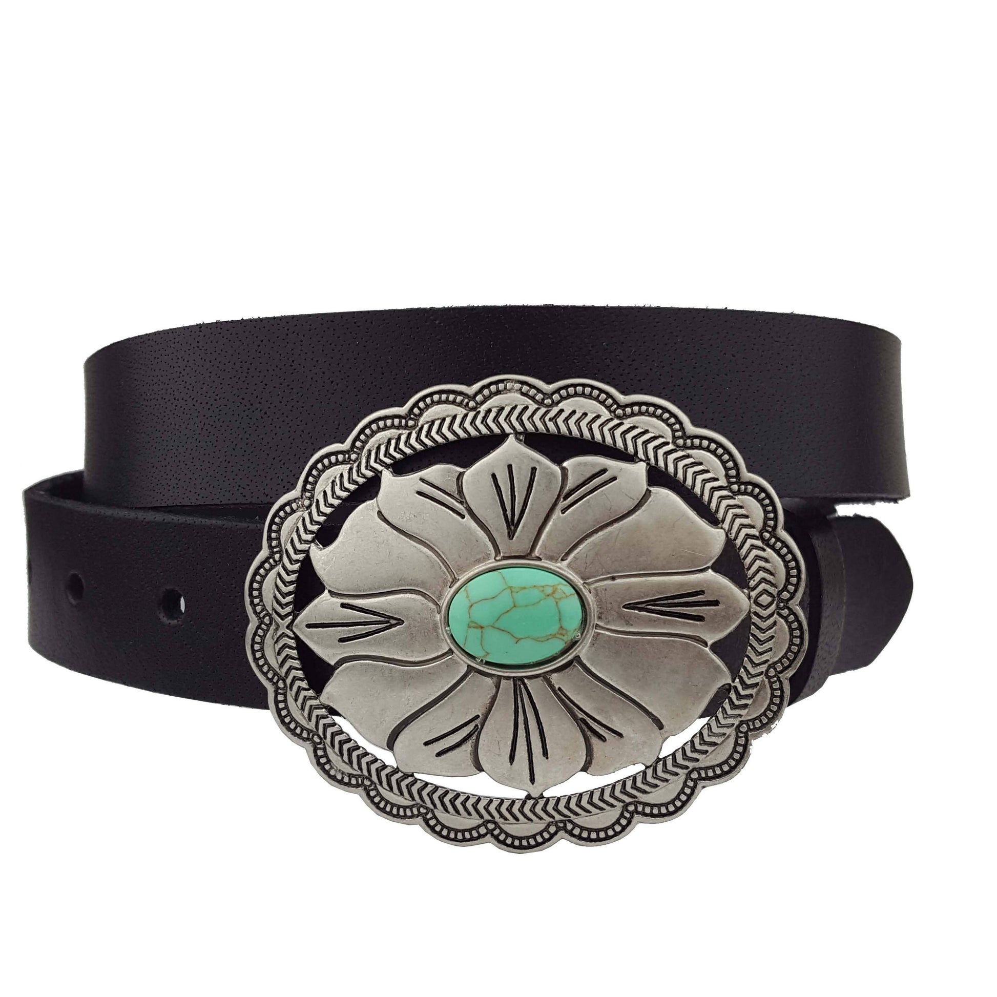 Genuine Leather Belt w Western-Inspired Floral Buckle - La De Da