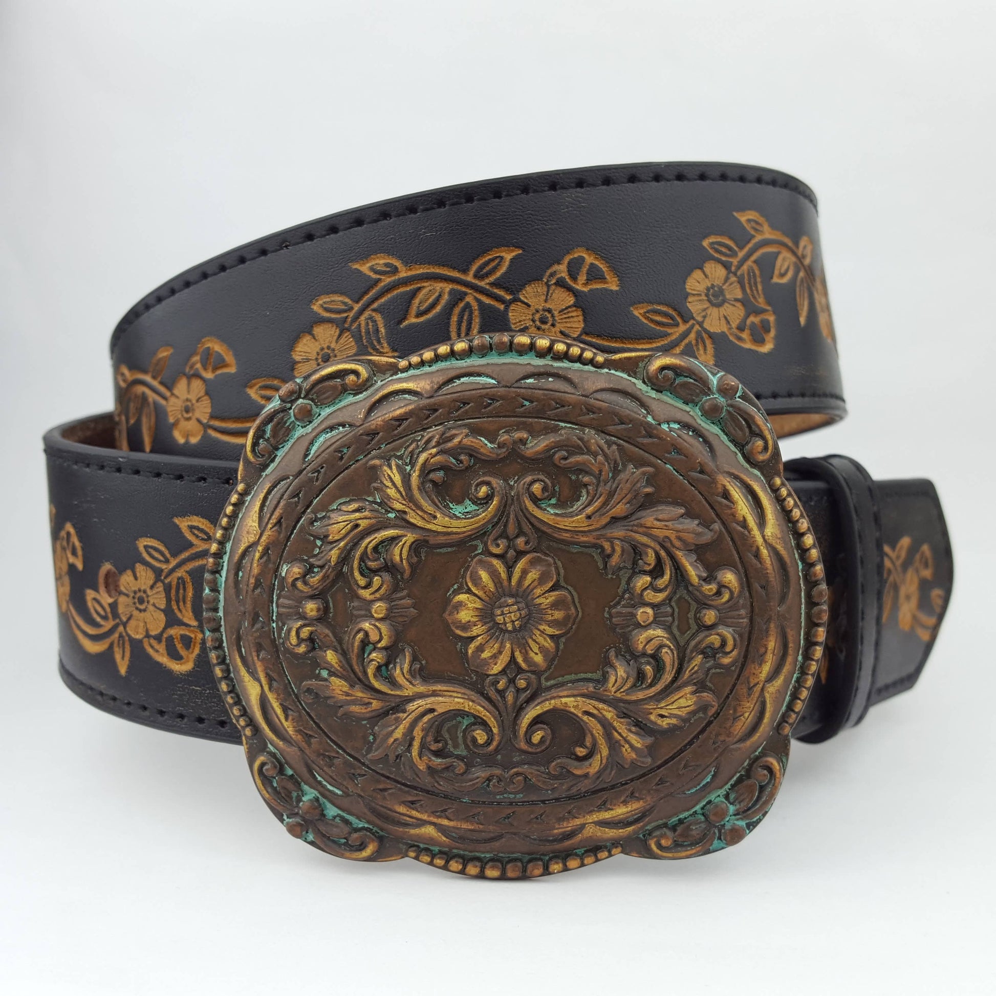 Western Brass/Patina Buckle with Vintage floral tooled belt - La De Da