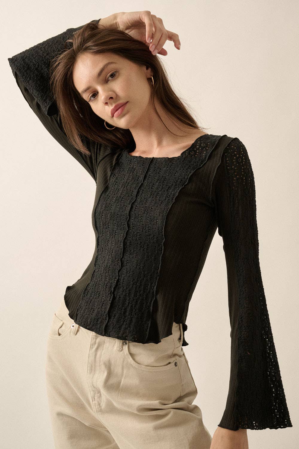 Mixed Media Floral Lace Exposed-Seam Bell-Sleeve Top - La De Da